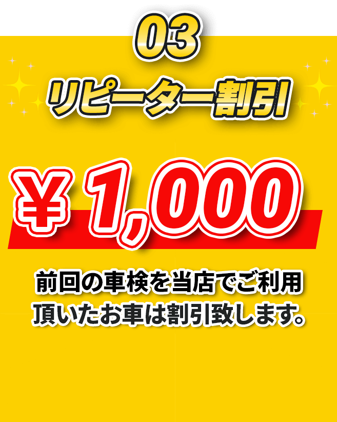 03.リピーター割引　￥1,000 前回の車検を当店でご利用頂いたお車は割引致します。
