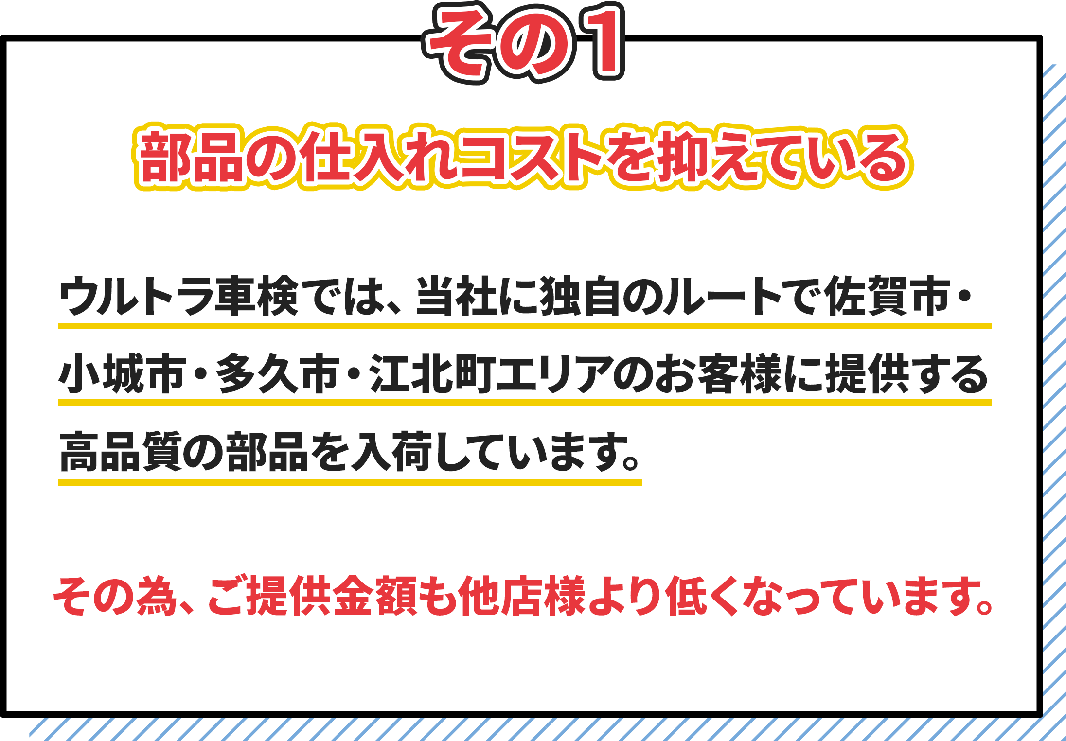 その1.部品の仕入れコストを抑えている。ウルトラ車検では、当社に独自のルートで佐賀市・小城市・多久市・江北市エリアのお客様に提供する高品質の部品を入荷しています。その為、ご提供金額も他店様より低くなっています。