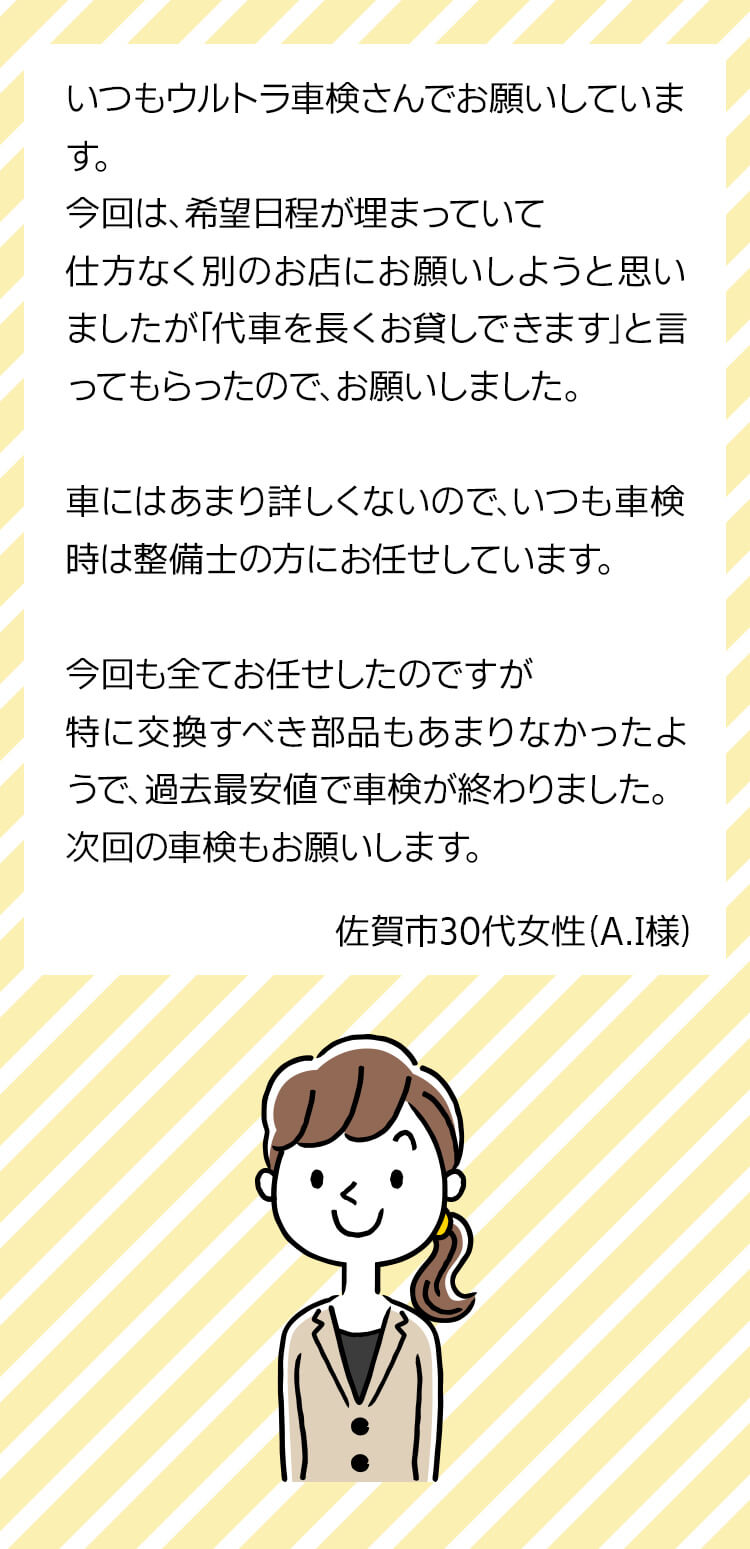 いつもウルトラ車検さんでお願いしています。今回は希望日程が埋まっていて仕方なく他のお店におねがしようと思いましたが「代車を長くお貸しできます」といってもらったので、お願いしました。車にはあまり詳しくないので、いつも車検時は整備士の方にお任せしています。今回も全てお任せしたのですが、特に交換すべき部品もあまりなかったようで過去最安値で車検が終わりました。次回の車検もお願いします。