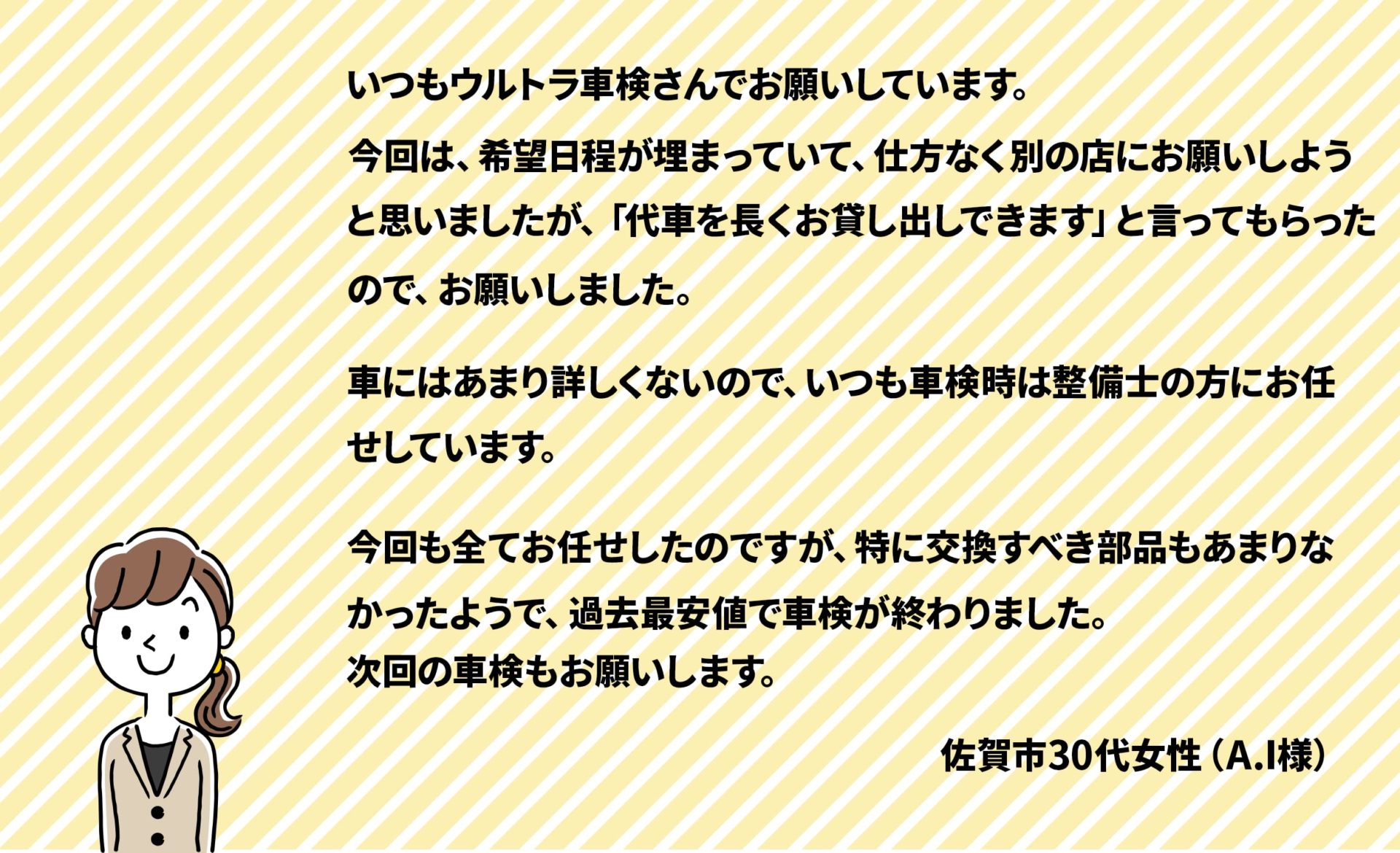 いつもウルトラ車検さんでお願いしています。今回は希望日程が埋まっていて仕方なく他のお店におねがしようと思いましたが「代車を長くお貸しできます」といってもらったので、お願いしました。車にはあまり詳しくないので、いつも車検時は整備士の方にお任せしています。今回も全てお任せしたのですが、特に交換すべき部品もあまりなかったようで過去最安値で車検が終わりました。次回の車検もお願いします。